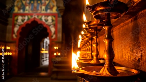 Serene temple interior with illuminated oil lamps and colorful murals