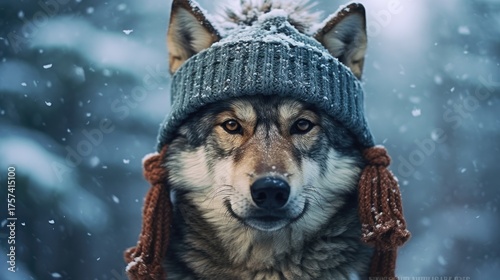 A cute portrait of a wolf in a knitted hat and scarf. A wolf in a hat in winter. Pet clothes. A collection of animal posters. A collection of knitted clothes.	