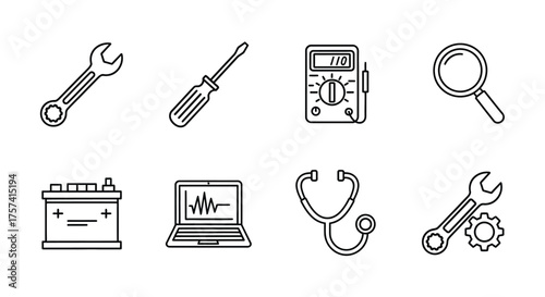 Collection of hand-drawn icons representing automotive repair and diagnostics tools vector