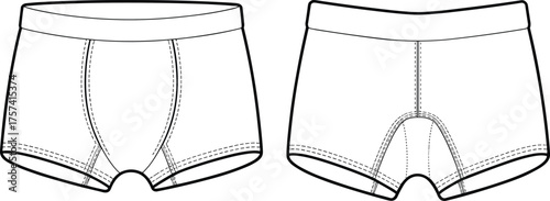 Underwear, boxer briefs, men’s fashion, garment design, clothing template, apparel mockup, technical drawing, sewing pattern, textile industry, vector illustration