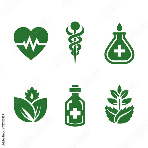 Set of green vector icons for natural health, herbal medicine, wellness, organic pharmaceuticals, alternative therapy, and medical care.