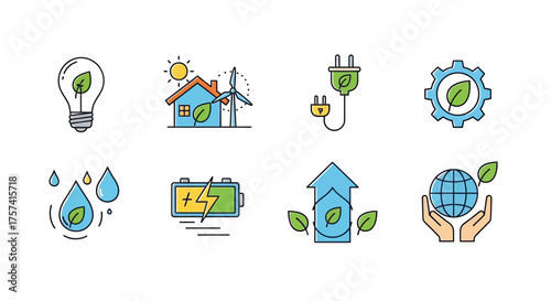 Diverse hand drawn eco energy icons symbols representing sustainable power solutions and environmental care vector