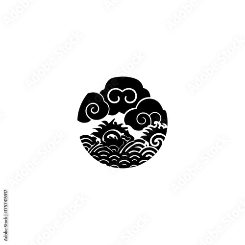 Majestic East Asian dragon emerging from turbulent waves with celestial clouds, black and white traditional circular vector illustration.