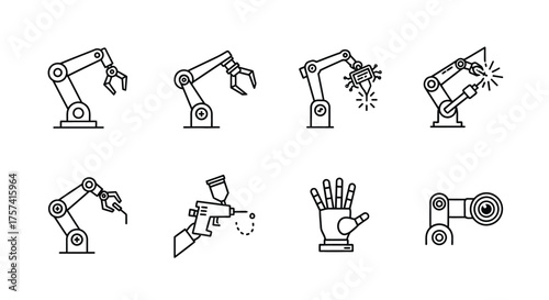 Set of industrial robot arm icons featuring grippers welders and robotic hand designs vector