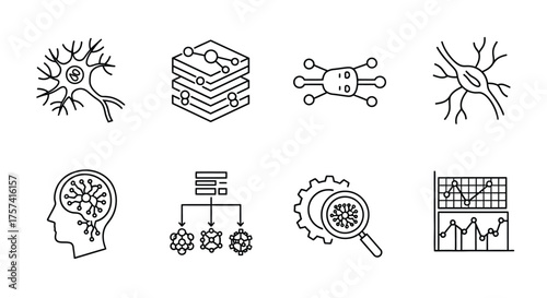 Neural networks and ai concepts icon set abstract line art machine learning brain data science technology vector