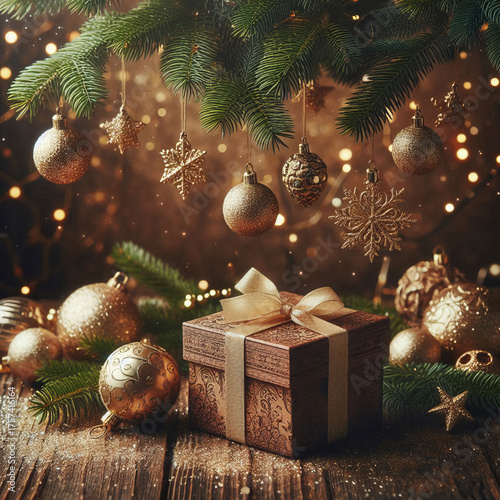 Green Christmas tree branches with shiny toys, gifts under the tree.