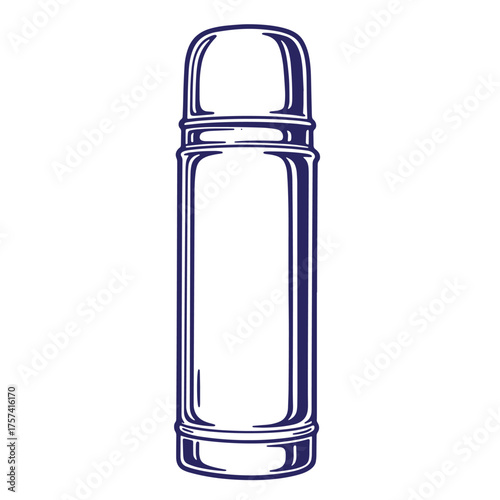 Detailed vector illustration of a blue and white engraved classic thermos bottle