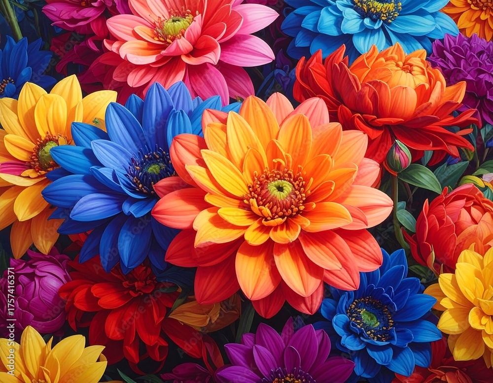 Obraz premium A vibrant close-up showcasing various colorful blossoms, petals fully open, exhibiting textures and hues from red to yellow