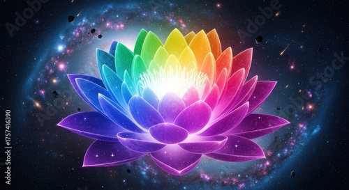 A vibrant, colorful lotus flower with seven petals in a cosmic, starry background.