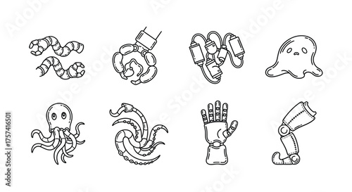 Collection of whimsical hand drawn cartoonish characters and creatures sketch style line art vector