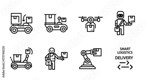 Modern delivery and logistics icons featuring drones trucks robots and smart technology solutions vector