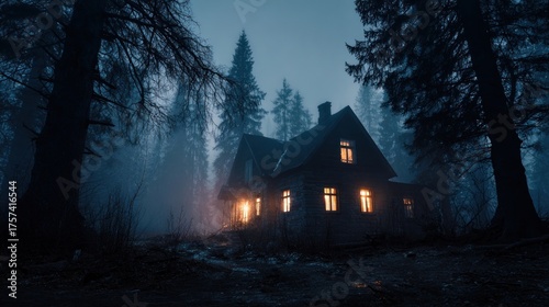 Haunted house in the woods with spooky glowing windows
