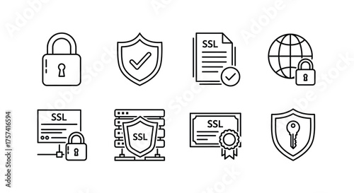 Secure data protection icons set featuring padlocks shields and globe for digital safety concepts vector