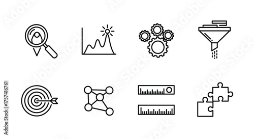 Set of modern business icons representing data analysis strategy growth and workflow vector