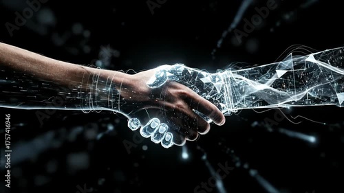Man shaking artificial intelligence hand in digital space. Business deal, innovation, future technology collaboration concept.