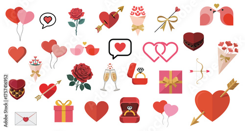 Valentine’s day romantic icon set colorful flat vector illustration of hearts, roses, chocolates, gifts & engagement ring vector elements for designs