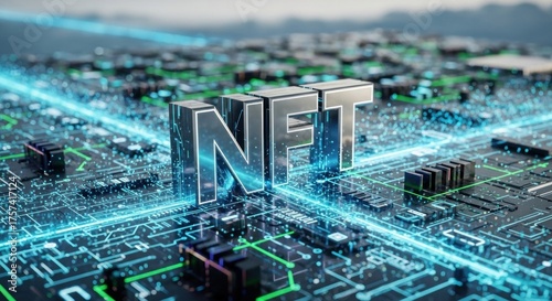 A digital circuit board with the letters 'NFT' in the center.