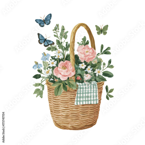 Spring basket illustration filled with flowers and surrounded by butterflies, isolated on transparent background. Bright and cheerful seasonal design.