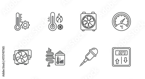 Set of eight hand-drawn icons representing temperature control and monitoring equipment vector