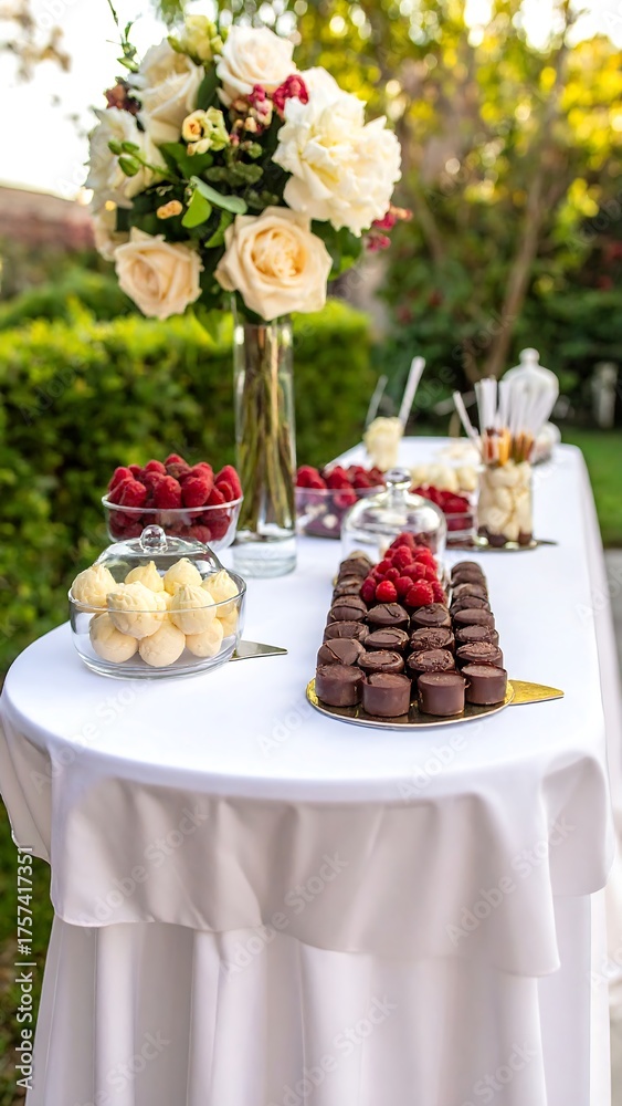 Naklejka premium Elegant dessert table, flowers, fruit, and chocolates in a garden setting
