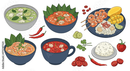 A colorful assortment of Thai food dishes in pixel art style.