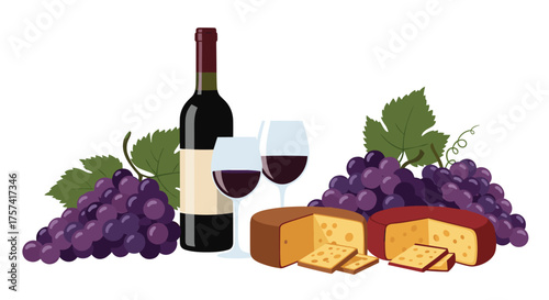 Red wine served with cheese and grapes on a white background.