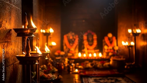 Serene temple interior with illuminated oil lamps and deities adorned with flowers
