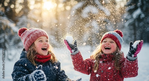 Joyful winter fun with kids in snowy forest