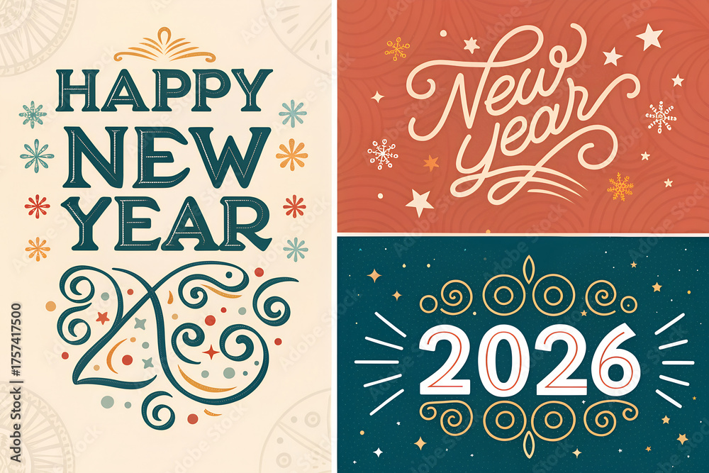 Naklejka premium Happy New Year 2026: Set of Three Vintage & Modern Hand-Lettered Greeting Cards with Festive Designs