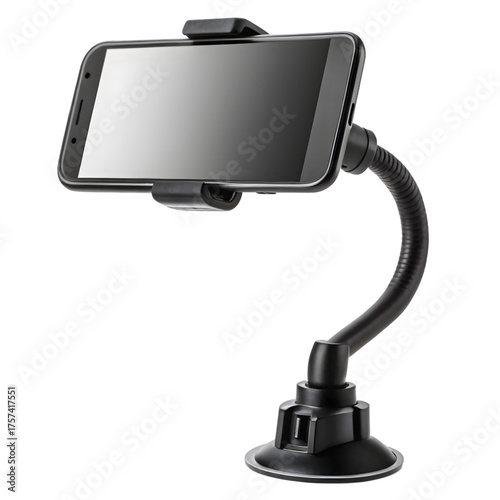 Black smartphone in a car holder isolated on transparent background, horizontal view