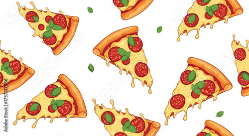 Delicious cheesy pepperoni pizza slices with fresh basil leaves falling.