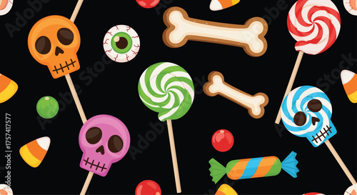 A playful assortment of festive Halloween candies and spooky sugar skulls displayed on a dark background.