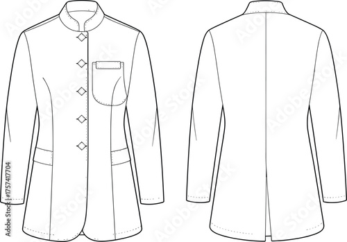 Men’s jacket sketch, front and back view, fashion flat illustration, vector template, garment design, apparel drawing, tailored construction