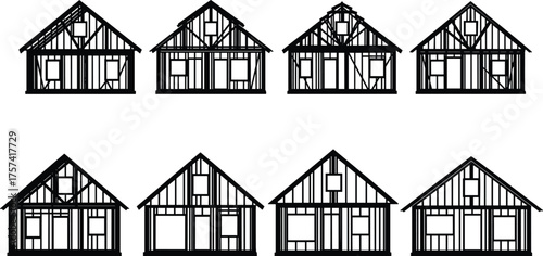 Flat vector house frame construction illustration, wooden architecture structure, modern home blueprint, engineering and design concept