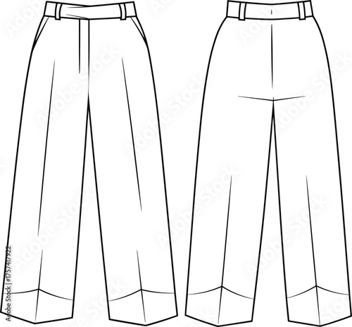Wide leg trousers sketch, front and back view, fashion flat illustration, vector template, garment design, apparel drawing, clothing construction