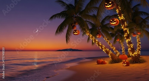 Halloween pumpkin decorations on palm trees on a beach at sunset.