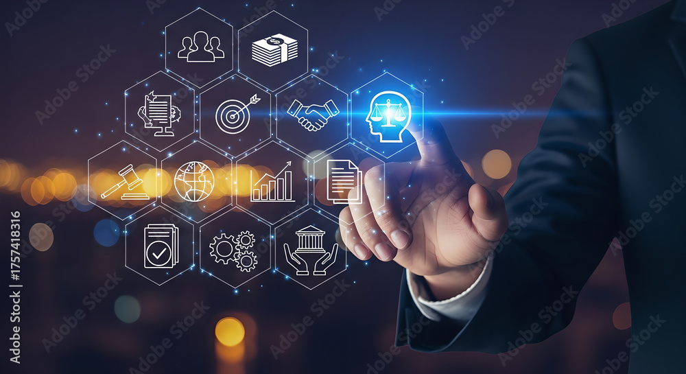 Fototapeta premium Legal Technology System Hand Touching Holographic Interface Copy Space