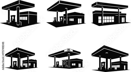 Flat vector modern gas station illustration, fuel pump building design, petroleum service architecture and energy concept