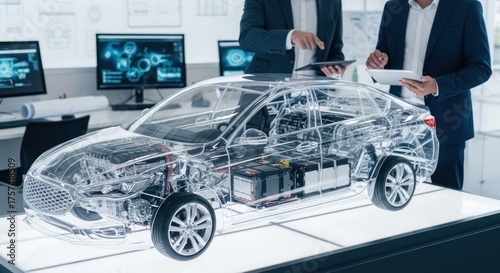 Two transparent car models on a table with engineers in the background.