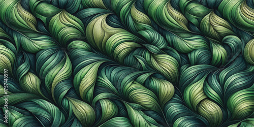 A mesmerizing background pattern showcasing green tropical leaves in a fluid, rippling effect. The color palette offers a lush, organic feel.