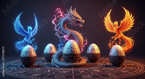 A dragon and phoenix with eggs on a circular stone platform with a mystical circle in the background.