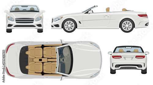 Vector template of a white luxury convertible car shown from four angles: front, side, rear, and top. Simple colors without gradients and effects.