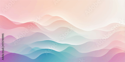Abstract colorful vector illustration of a mountain landscape with mist, blue sky, and a sunset silhouette over the sea