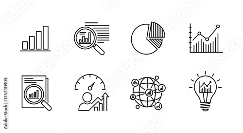 Hand drawn business analytics icons set bar chart magnifying glass pie chart globe and lightbulb ideas vector