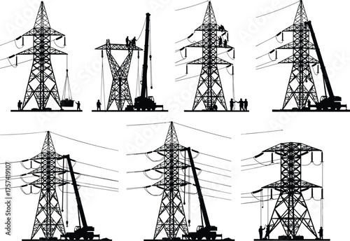 Electric power transmission tower construction, workers installing high voltage lines, industrial energy infrastructure, electricity network illustration