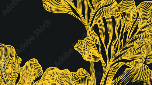Elegant hand drawn tropical foliage background featuring flowing botanical lines in gold on black. Modern minimal nature design inspired by tropical leaves and fine ink art