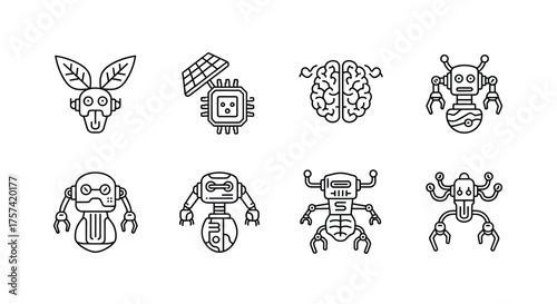 Collection of hand-drawn robot icons featuring unique designs and futuristic aesthetics vector