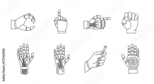 Collection of detailed robotic hand gestures in sketch style artistic renderings vector
