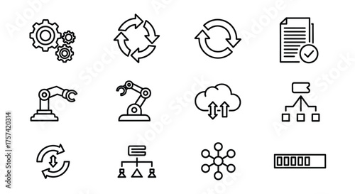 Set of linear icons representing technology industry automation cloud computing and data management vector