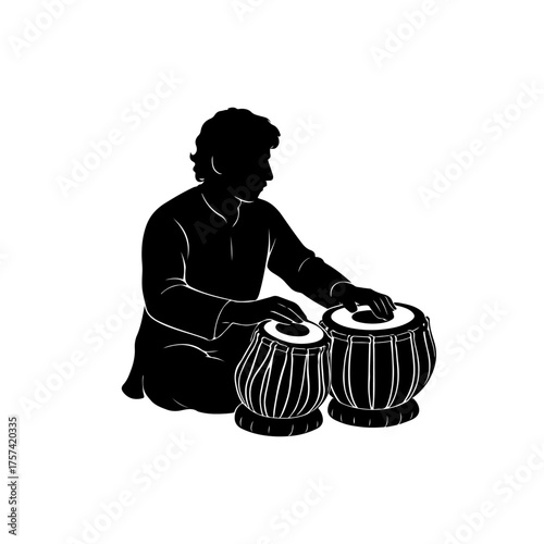 Black Silhouette of a Man Playing Tabla Indian Classical Music Instrument Vector on White Background